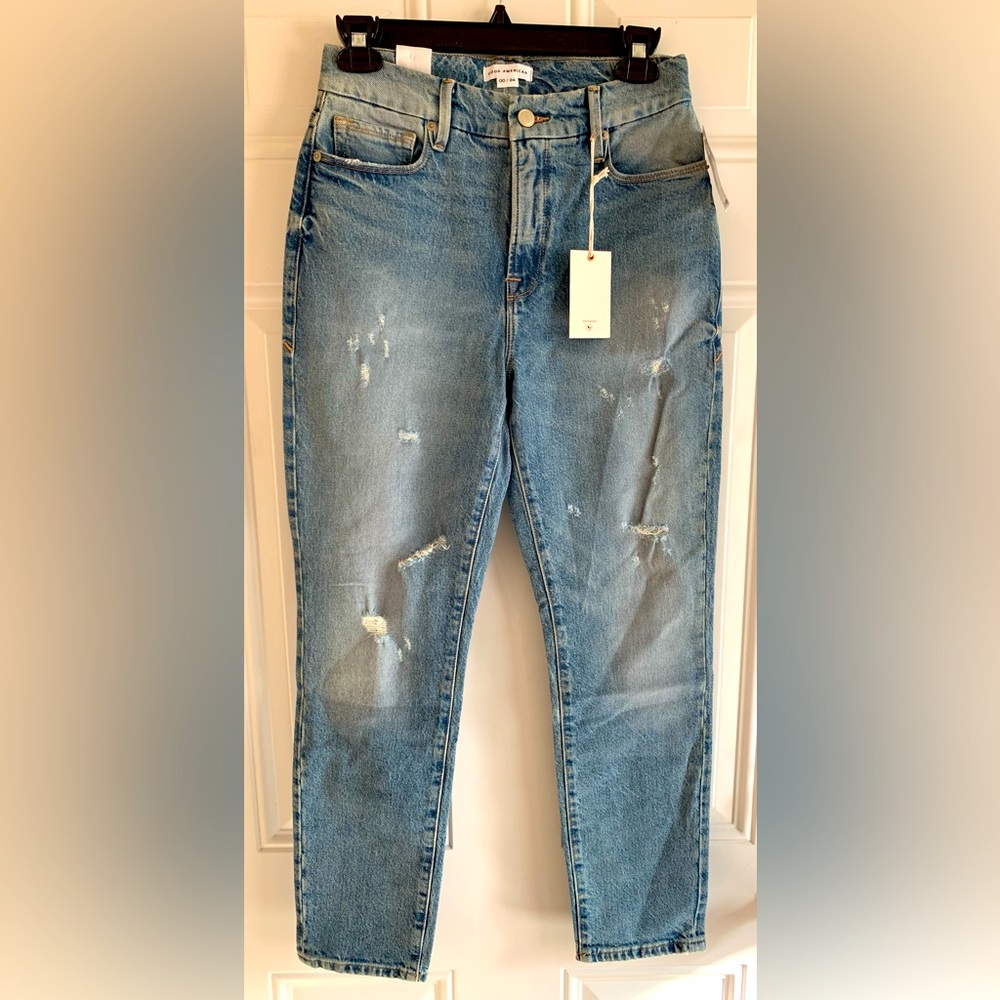 Good American Jeans Women’s 00 /24 Blue Skinnish Fit Hi Rise 28” Inseam Distress